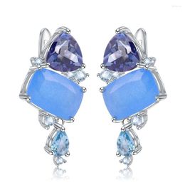 Dangle Earrings GEM'S BALLET 925 Sterling Silver Natural Aqua Blue Calcedony Modern Fashion Irregular Drop For Women Bijoux
