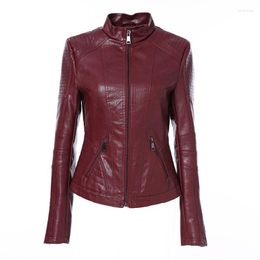 Women's Leather Women's & Faux 2022 Fashion Women Jacket Vintage PU Mandarin Collar Slim Female Black Outwear