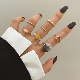 Korean Colourful Stone Ring Set for Women Girls Trendy Metal Round Geometric Heart Rings Jewellery Gifts