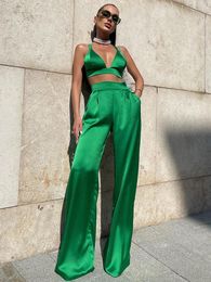 Women's Two Piece Pants Set Women Vest Wide-Leg Suit Sleeveless Crop Wrapped Tops High Waist Casual Party Trousers Outfits
