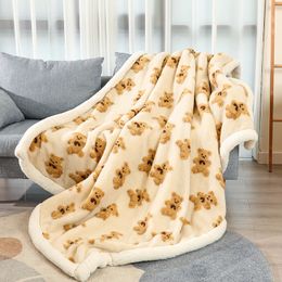 New grain cashmere bear print blanket lamb fleece double layer warmth