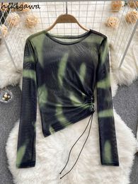 Women's T-Shirt Hikigawa Chic Fashion Women Tops Tie Dye Thin Mesh Long Sleeve T Shirts Summer Pleated Side Drawstring Design Blouse Top Mujer T220923