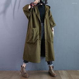 Women's Trench Coats Women's 2022 Autumn Vintage Plus Size Hooded Single Breasted Windbreaker Simple Casual Solid Women Long Coat