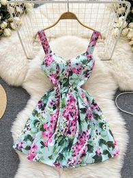 Casual Dresses Summer Women's Dress Fashion Runway Floral 2022 Elegant Spaghetti Strap Sleeveless High Waist A-line Mini Vestidos