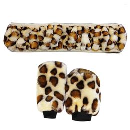 Steering Wheel Covers Universal 38cm Soft Plush Leopard Car Handbrake Gear Cover Sets Auto Accessories