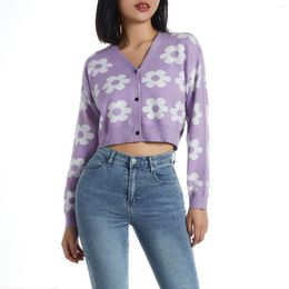 Women's Sweaters Women Y2k Casual Single-Breasted V-Neck Fresh Flower Print Pattern Long-Sleeved Knitted Cardigan High-Waist Short Sweater