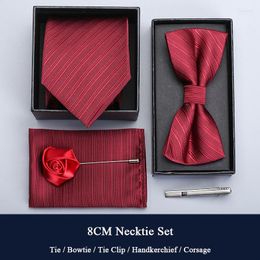 Bow Ties High Quality Wine Red Men Tie Set With Necktie Bowtie Corsage Pocket Square And Clip In Gift Box For Business Meeting