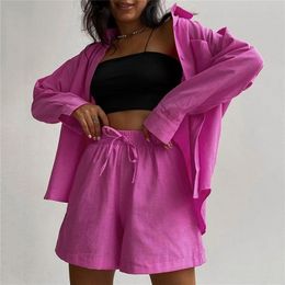 Women's Blouses Shirts Women Tracksuits Long Sleeve Shirt With Mini Shorts Cotton Stretch Waist Two Pieces Sets Ladies Outfits Blouses Fashion Clothes 220923