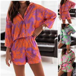 Women's Blouses Shirts Two Piece Sets Womens Outifits Long Sleeve Shirt and Short Print Shorts Suits Vintage Casual Loose Elegant Lapel Women's Suit 220923