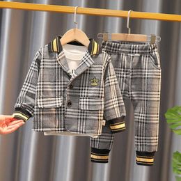 Children Autumn formal Cotton Clothes Baby Boys Shirts Plaid wedding coat Pants 3Pcs/sets Out Kids Toddler Clothing party cloth45pu