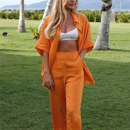 Women's Two Piece Pants Bclout Orange Linen Trouser Suits Women Loose Short Sleeve Single Breasted Long Shirts Casual Wide Leg Pants Set Woman 2 Pieces 220922