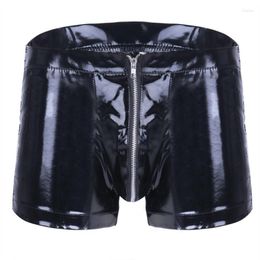 Men's Body Shapers Men's Leather Fetish Boxer Lace Up Beside Mens Sexy Open Crotch Short Pants For Sex Latex Bodycon Zipper Crotchless