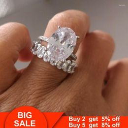 Cluster Rings Fashion Female Ring Sets Silver Colour Oval Cz Stone Engagement Wedding Band For Women Bridal Party Jewellery