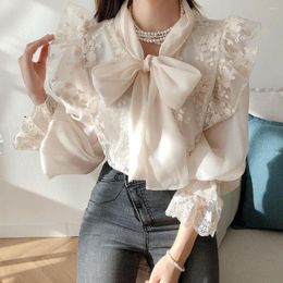 Women's Blouses Pullover Bow Neck Lace Long Sleeve Vintage Shirt Women Top Spring Blusas Mujer De Moda Feminin Butterfly Blouse 568A