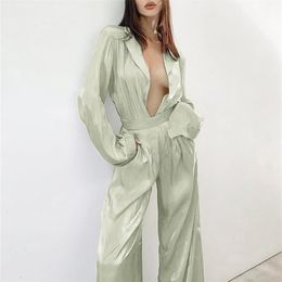 Women's Two Piece Pants Bclout Green Vintage Two Piece Sets Women Autumn Suits Of Elegant Woman Long Sleeve Top And High Waist Pants 2 Piece Set Female 220922