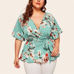 Women's Blouses Shirts Plus Size Women Blouse Shirt Fashion V Neck Short Sleeve Floral Print Casual Blouse Belted Ladies Tunic Tops 220923
