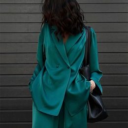 Women's Tracksuits Clacive Fashion Long Sleeve Blazer Two Piece Sets Women Outifits Casual Loose Office Pants Set Elegant Green Satin Trouser Suits 220924