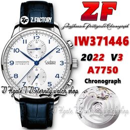 ZF V3 az371446 A7750 Automatic Chronograph Mens Watch TH 12.3 White Dial Blue Number Markers Stainless Case Blue Leather Strap 2022 Super Edition eternity Watches