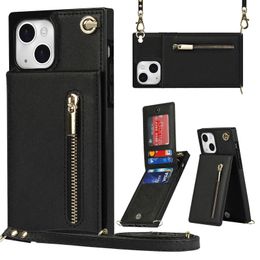 PU Leather Zipper Card Holder Kickstand Wallet Cases For iPhone 14 Pro Max 13 12 11 XR XS X 8 7 Plus Shockproof Cards Slots Cover for Women with Shoulder Strap Lanyard