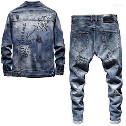 Men's Tracksuits Men's Fashion Slim Fit Graffiti Denim Jacket Coat Men Distressed Skinny Jeans Pants Personality Motorcycle Mens Two