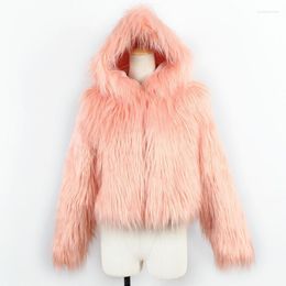 Women's Fur Women's & Faux Chic Woman Hooded Coat Long Sleeved Loose High Waist Jacket Flocking Cardigan 2022 Mink Hoodie Bomber