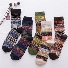 Men's Socks 5 pair Mens Vintage Ethnic Woollen Warm Long Socks Checked Striped Geometric Ribbed Knit Winter 220923