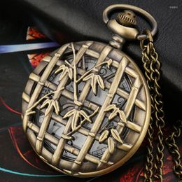 Pocket Watches Bronze Hollow Bamboo Quartz Watch Retro Necklace Sweater Chain Round Dial Pendant FOB For Men Women
