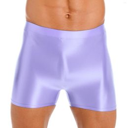 Men's Shorts Mens Male Glossy Mid Waist Running Solid Colour Swimsuit Elastic Waistband Short Leggings Yoga Gym Fitness