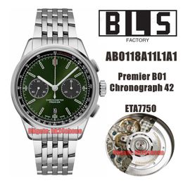 BLS Watches AB0118A11L1A1 Premier B01 Chronograph 42mm ETA7750 Automatic Chronograph Mens Watch Green Dial Stainless Steel Bracelet Gents Wristwatches