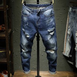 Men's Jeans Blue Hole biker Stretch denim Destroyed Ripped Design Fashion Ankle Pants Zipper Skinny For Men Size 36 220923