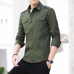 Men's Casual Shirts Man Shirt 2022 Cotton Safari Style Fashion Solid Comfortable Long Sleeved Epaulette Mens Military