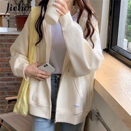 Women's Hoodies Sweatshirts Jielur Autumn Chic Zip-up Hoodies Female Casual Street Loose Thin Blue Grey Apricot Sweatshirt Pocket Hooded Women Cardigans 220923