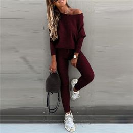 Women's Two Piece Pants Spring Set Women 2 Pieces Solid Color Fashion Skew Shoulder Long Sleeve Loose Sports Trousers Long Tight Pants Tracksuit 220922