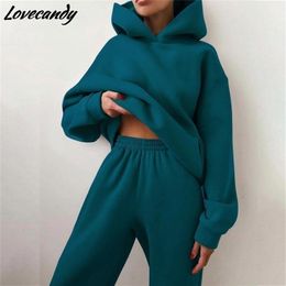 Women's Two Piece Pants Autumn Winter Women Solid Fleece Tracksuit And Hooded Jogger Pants Suit Female Oversized Casual Sportswear Two Piece Set 220922