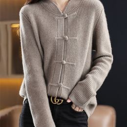 Womens Knits Tees Autumn Winter Women 100% Pure Wool Cardigan Casual Knitted Halfhigh Collar China Knot Buckle Sweater Knitted Cashmere Jacket 220923