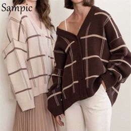 Women's Sweaters Sampic 2021 Plaid Brown Cardigans Women Vintage Y2K Fashion Loose Oversized Coat Pull Knitted Casual Sweater Female Tops Winter T220925