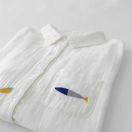 Women's Blouses Shirts Sweet cute swimming fish embroidery long sleeve cotton yarn shirt blouse JG411F3 220923