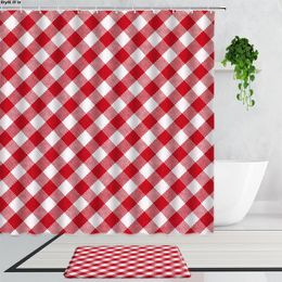 Shower Curtains Red And White Lattice Geometric Fabric Simple Art Polyester Bathroom Decorative Curtain Set Non-Slip Carpet Mat