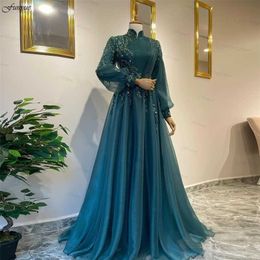 Party Dresses Elegant Teal Long Sleeve Muslim Formal Dresses A Line Tulle Lace Beaded Arabic Prom Evening Gowns for Women Robe De 220923