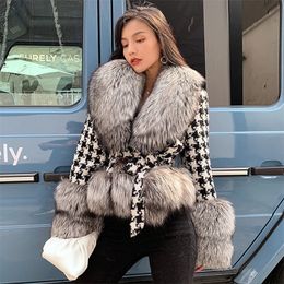 Women s Fur Faux Coats Woman Winter Korean Thousand Bird Lattice Natural Large Collar Slim Fit Waist Tie Short Jackets Female 220926