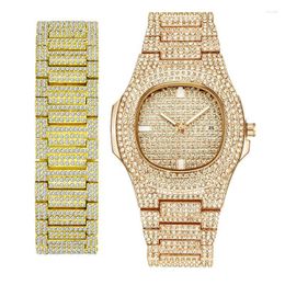 Wristwatches Mens Set Top Brand Hip Hop Bracelet Diamond Date Gold Quartz Watches With