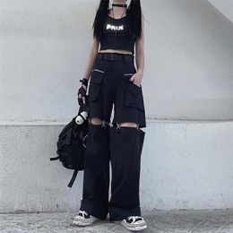 Women's Pants Capris Deeptown Gothic Techwear Emo Black Cargo Women Punk Oversize Hollow Out Wide Leg Pocket Trousers for Female Goth Hip Hop 220922