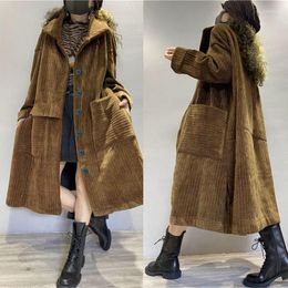 Women's Trench Coats Women's Plus Velvet/No Velvet Corduroy Jacket Large Size Long Windbreaker Big Pocket Wild Single-Breasted Fall