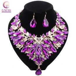 Purple Crystal Rhinestone Women Necklace Earrings Jewellery Set Bridal Wedding And Party Dress Leaves Shape Necklace Sets