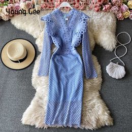 Casual Dresses Young Gee Fashion Designer Spring Autumn Women's Dress Long Sleeve Lace Ruffles Elegant Party Slim Pencil Midi Bodycon Dresses Y2209