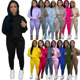 Autumn Winter Women Hooded Tracksuits Plush Sweatsuits 2 Pieces Set Drawstring Pullover Hoodie Sweatpants Outfits Jogger Suit