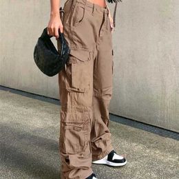 Women's Pants Capris Rapcopter Ruched Big Pockets Cargo Jeans Retro Sporty Low Waisted Trousers Light Brown Fashion Streetwear Denim Jogger 220922