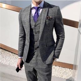Men's Suits Mens Casual Groom 3-Piece Plaid Suit Set Modern Fit Jacket Wedding Tux Blazer Vest Pants
