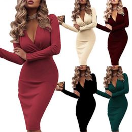 Casual Dresses New Evening Party Women Solid Color V Neck Long Sleeve Knee Length Bodycon Dress Y2209