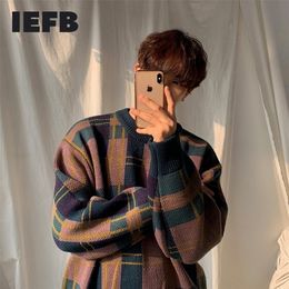 Men's Sweaters IEFB men's wear autumn winter thickened sweater Korean fashion Colour block patchwork plaid loose veintage kintted tops male 3242 220924